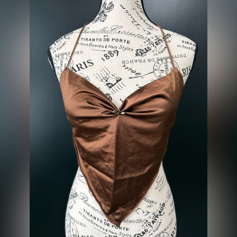 CIDER Brown satin halter top with adjustable straps and metal clasp #glamour